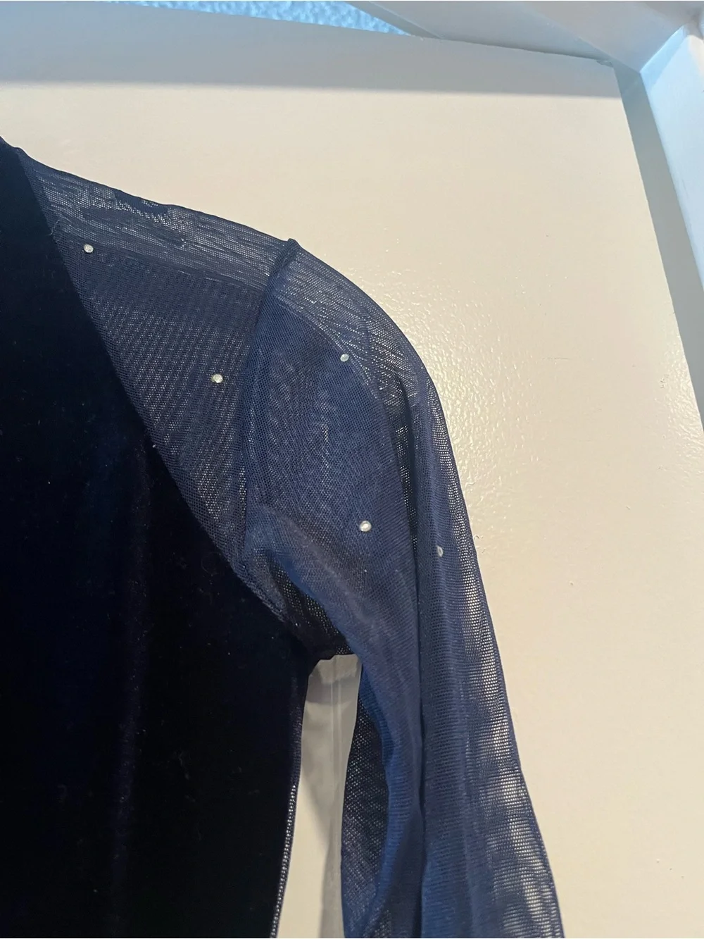Custom Made Navy Velvet Jazz Dance Unitard with Sheer Sleeves and Crystals